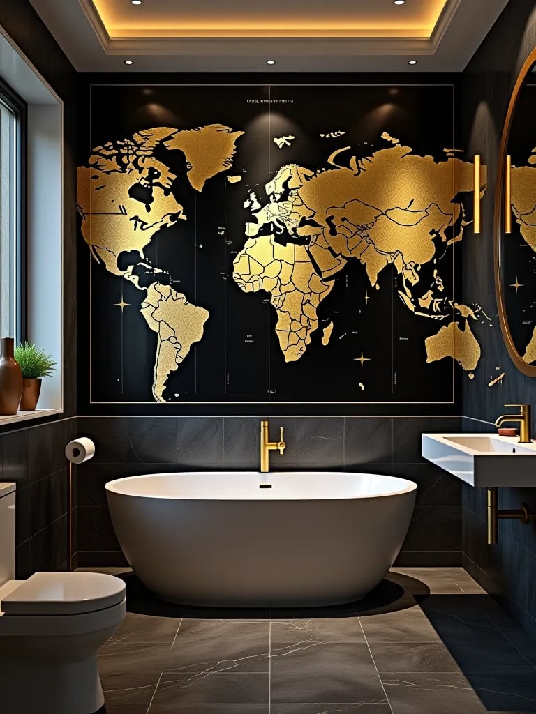 Elegant bathroom featuring world map wall art