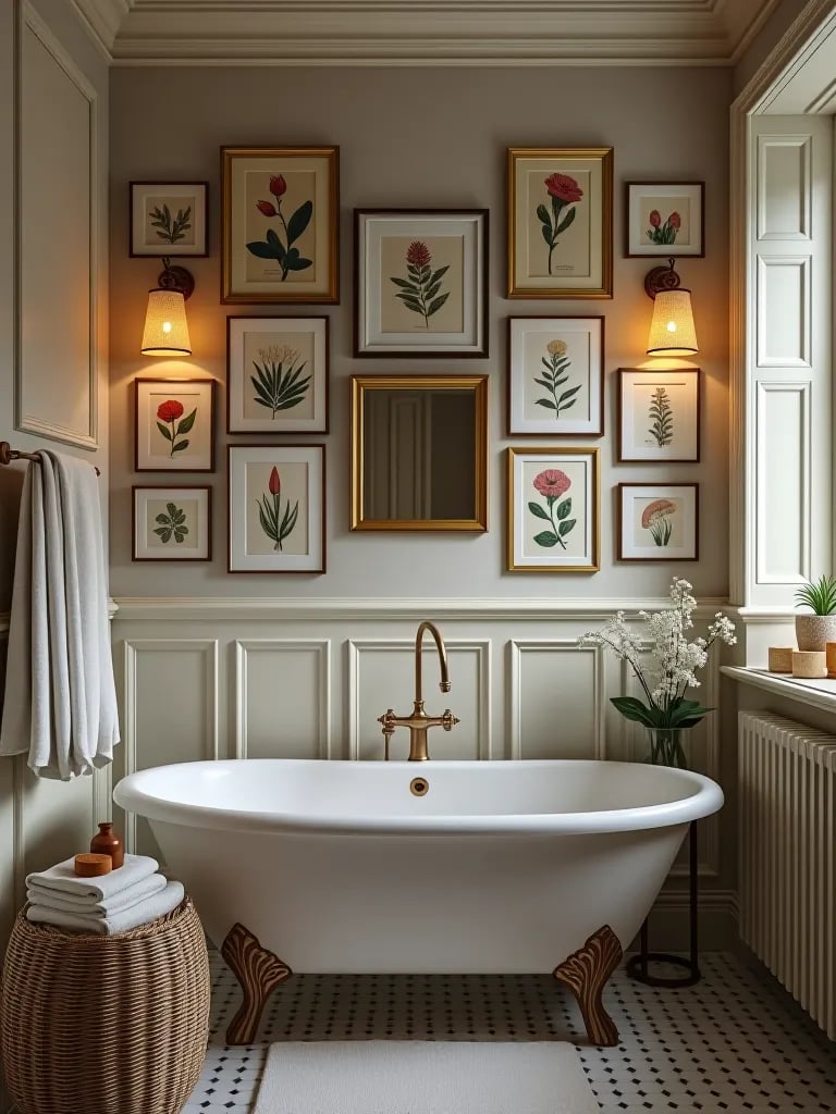 Elegant bathroom gallery wall with mixed frames and mirrors
