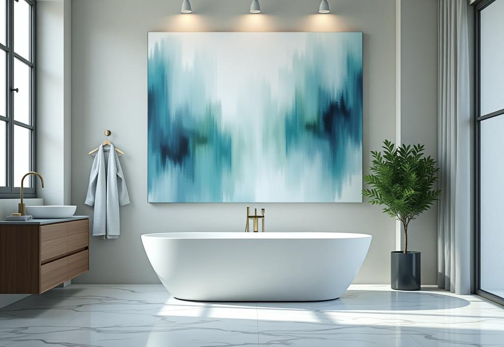 Elegant bathroom with abstract watercolor art above bathtub