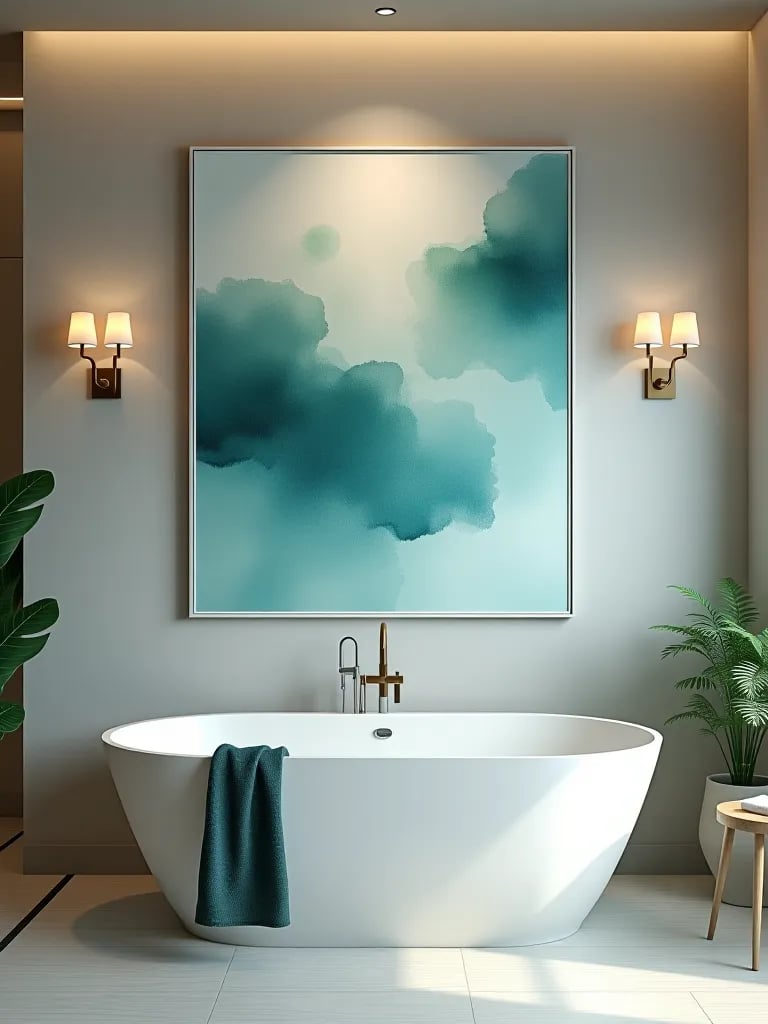 Elegant bathroom with abstract watercolor art