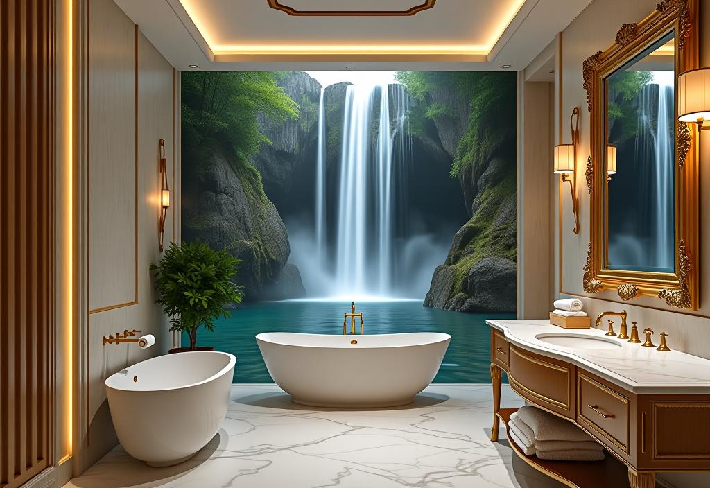 Elegant bathroom with eye catching wall mural