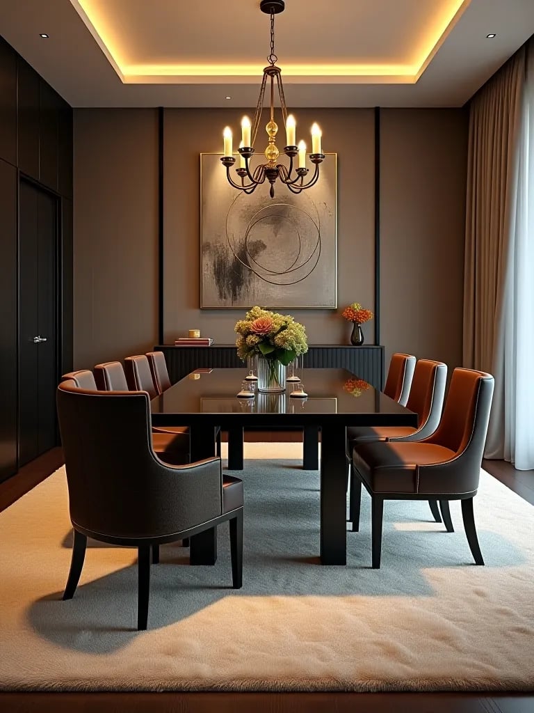 Elegant contemporary dining room with high pile rug and chandelier