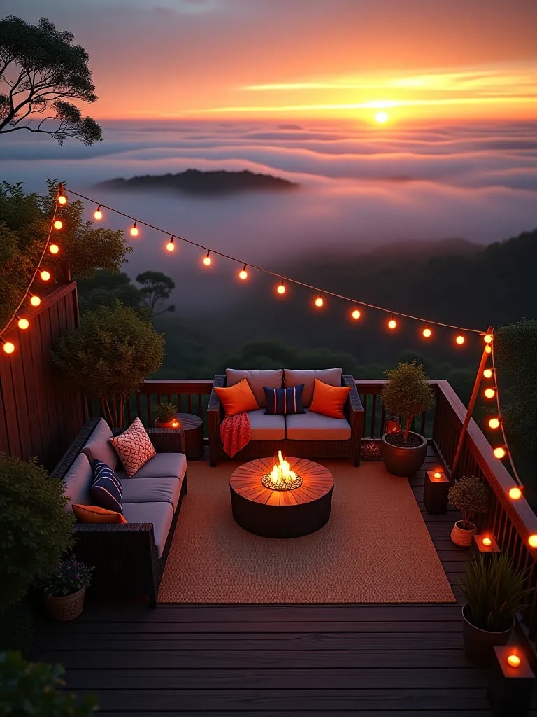 Elegant deck dining area with hanging plants