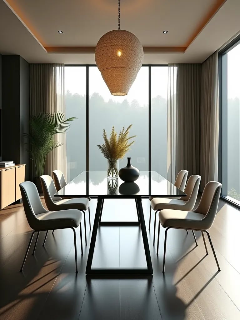 Elegant dining room featuring a glass table and modern chandelier
