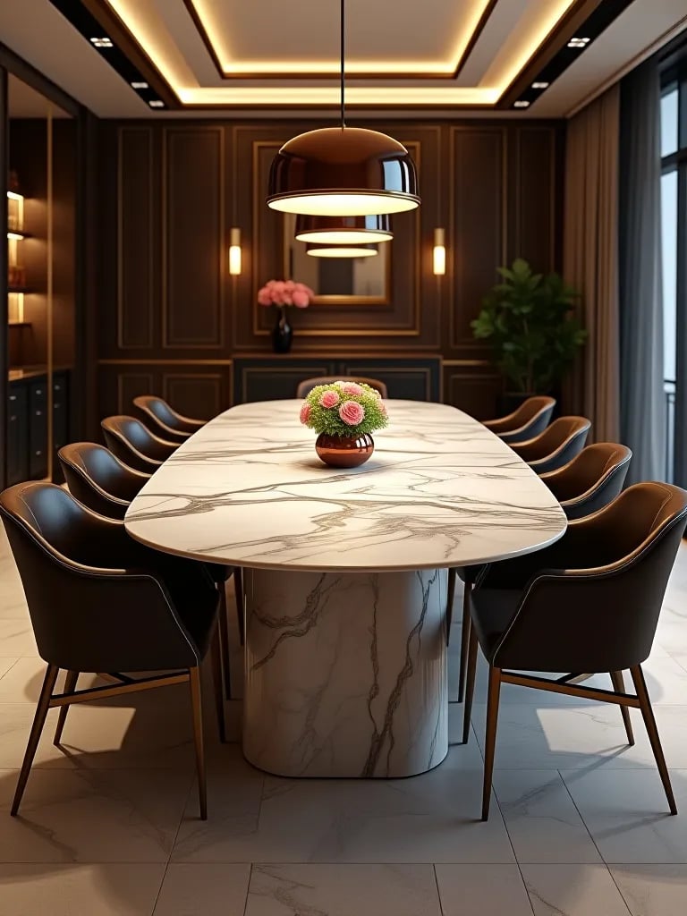 Elegant dining room with oval marble table and modern chairs