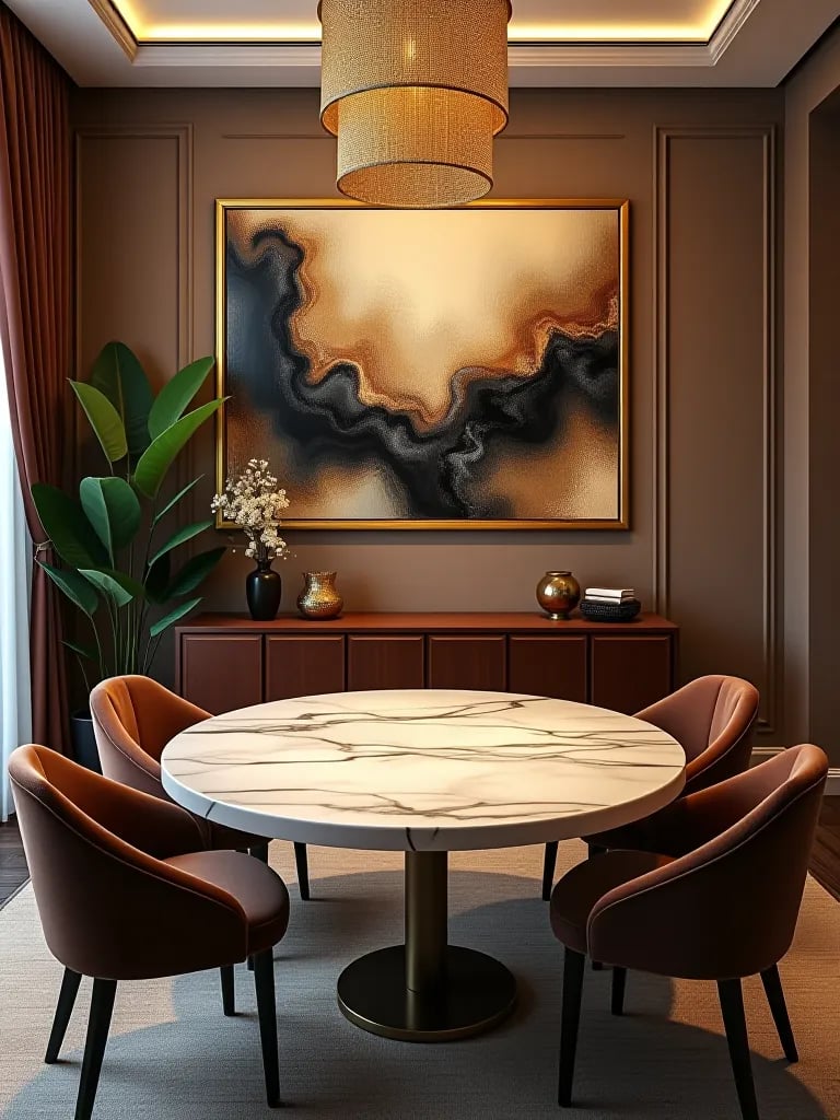 Elegant dining set with velvet upholstered chairs and marble table