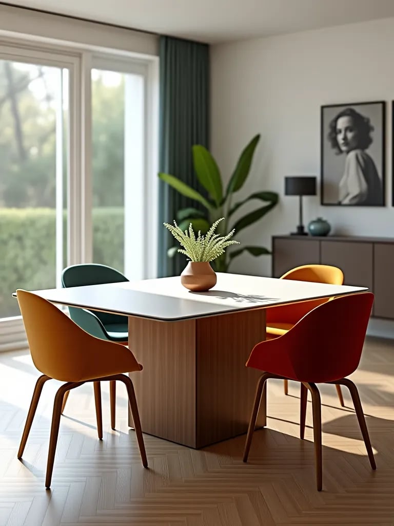 Extendable white and wood dining table with colorful chairs and plants