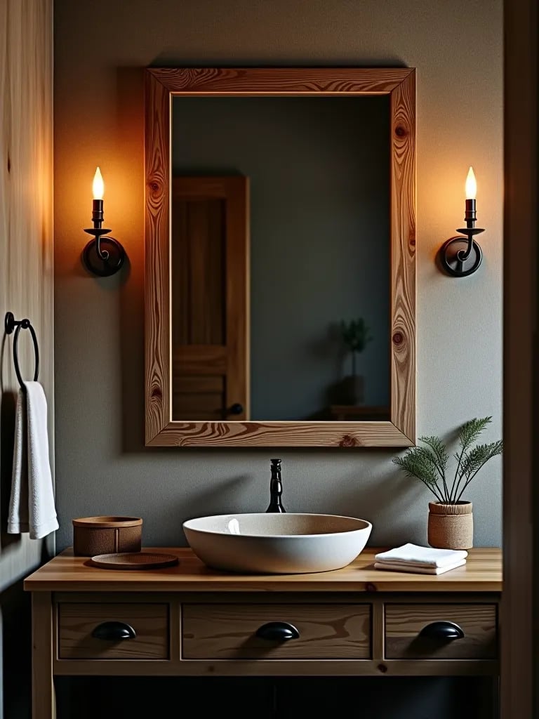 Farmhouse style bathroom featuring rustic wood mirror above vanity