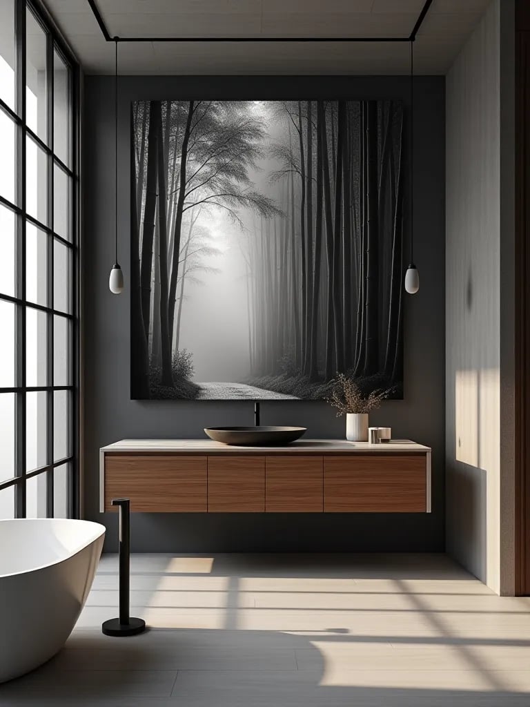 Floating wood vanity in zen inspired bathroom