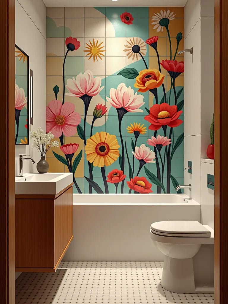 Functional and artistic bathroom with tile mural
