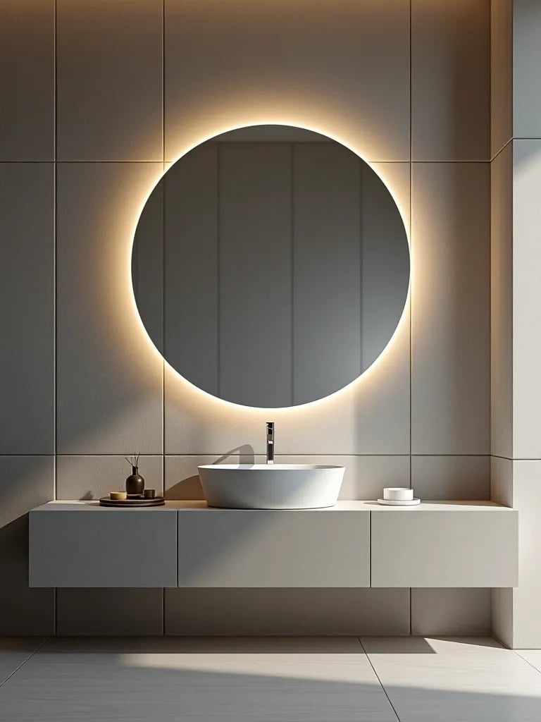 Functional yet stylish bathroom with prominent circular mirror