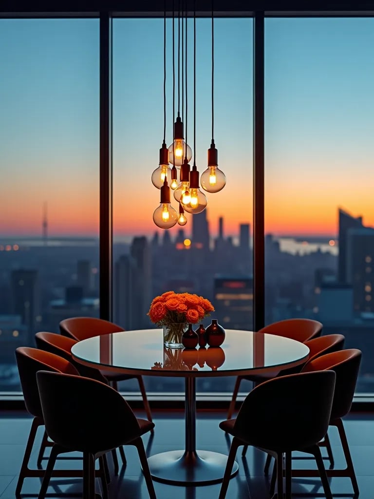 Glass dining table with minimalist pendant lights