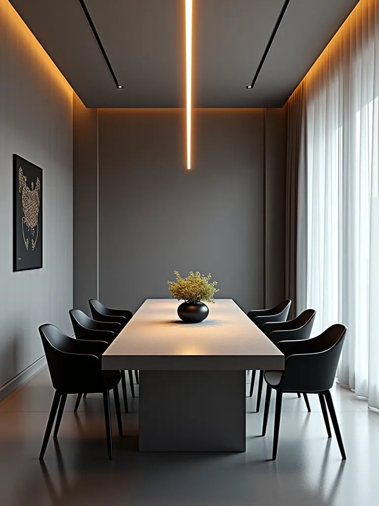 High contrast contemporary dining room with minimalist lighting