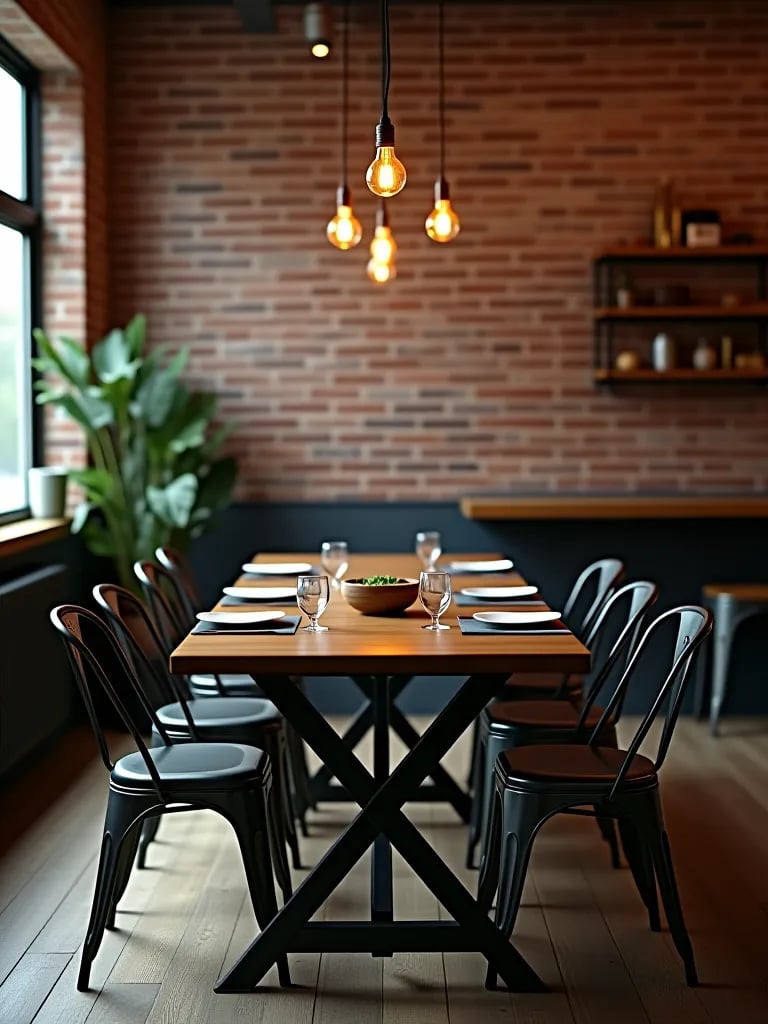Industrial chic dining area with reclaimed wood table and metal chairs