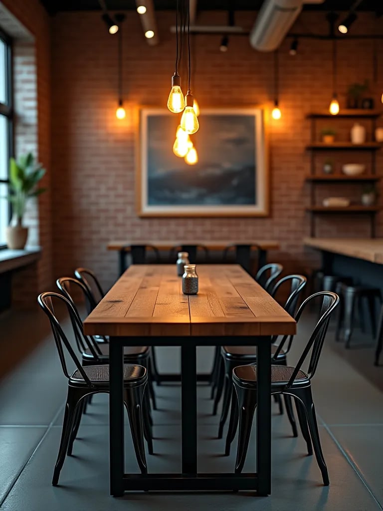 Industrial dining area with Edison bulb pendant lights and warm ambiance