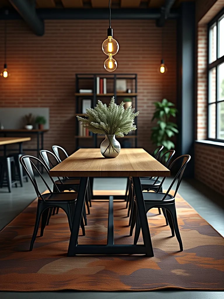 Industrial dining room with leather rug and reclaimed wood table