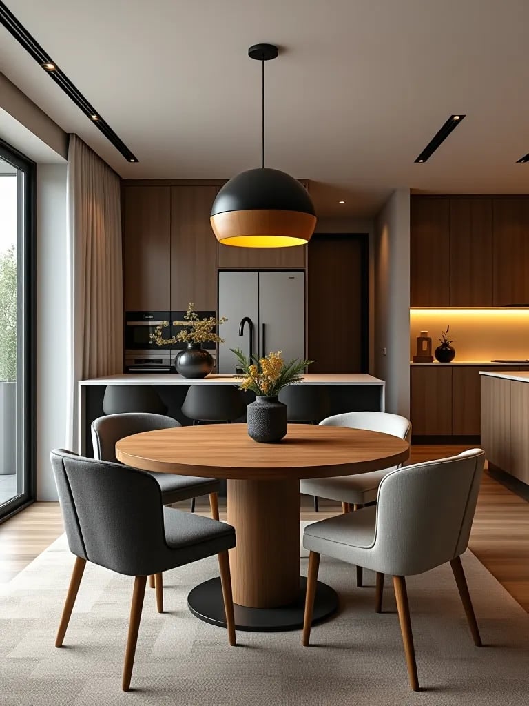 Integrated contemporary kitchen and dining area with cohesive design