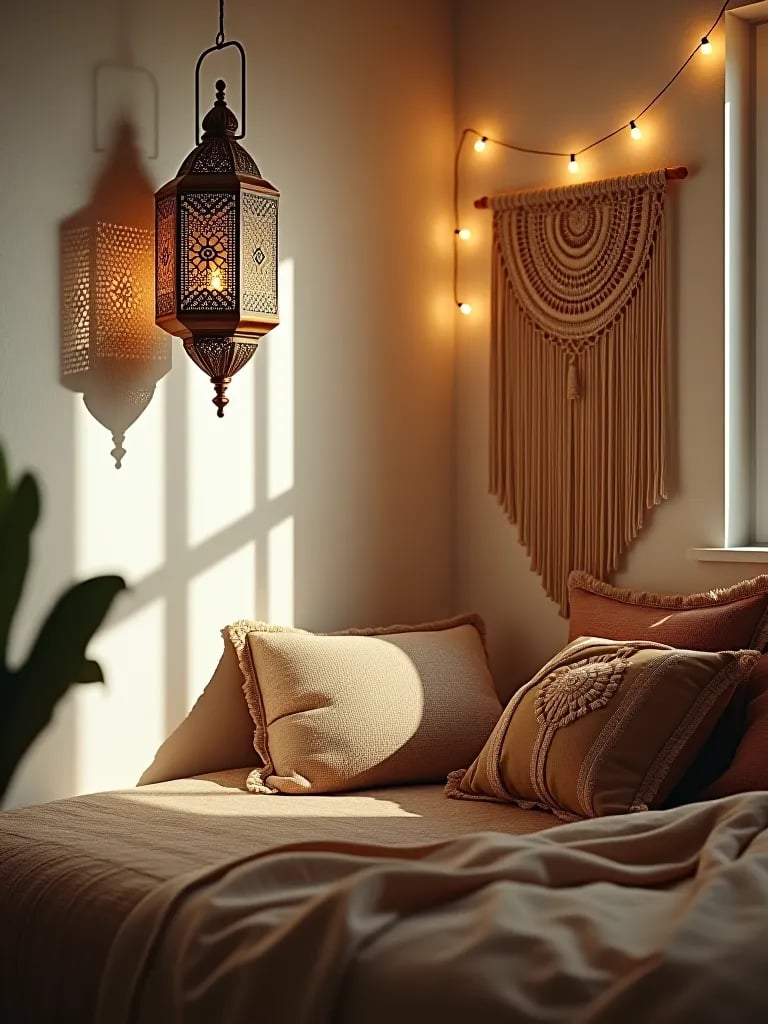 Intricate shadow patterns from Moroccan lantern in bedroom