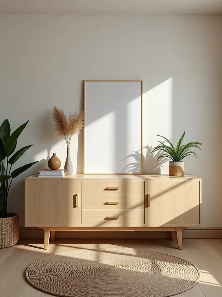 Inviting contemporary dining room with light wood sideboard