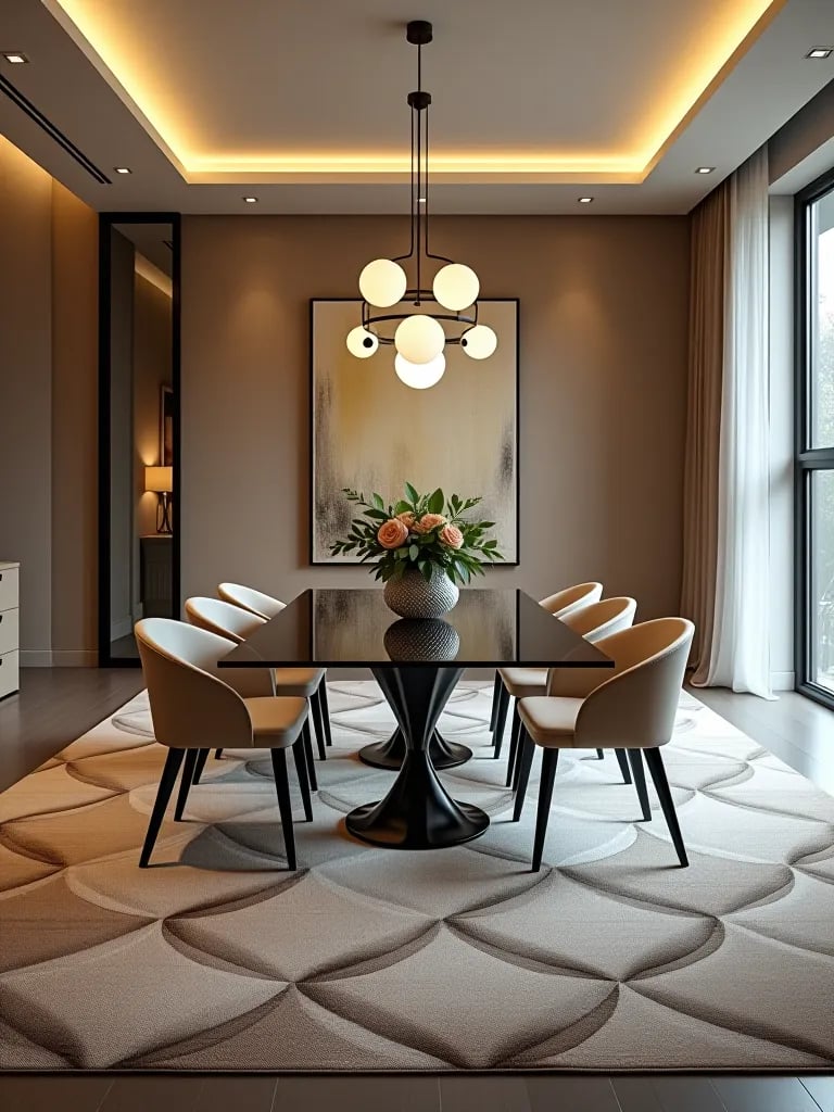 Inviting modern dining room with ambient lighting and area rug
