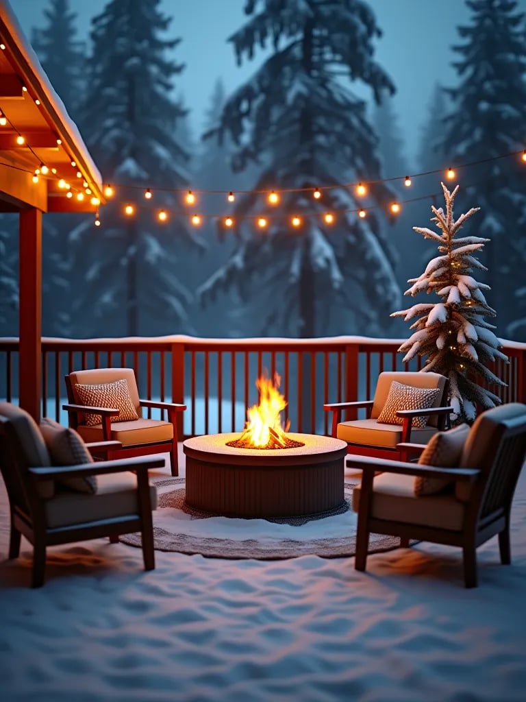 Inviting winter deck setup with seating and fire pit