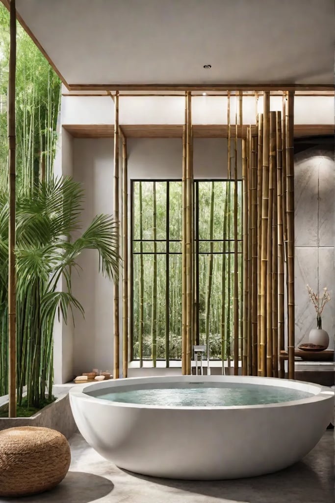 Japanese soaking tub bamboo accents natural stone tranquil