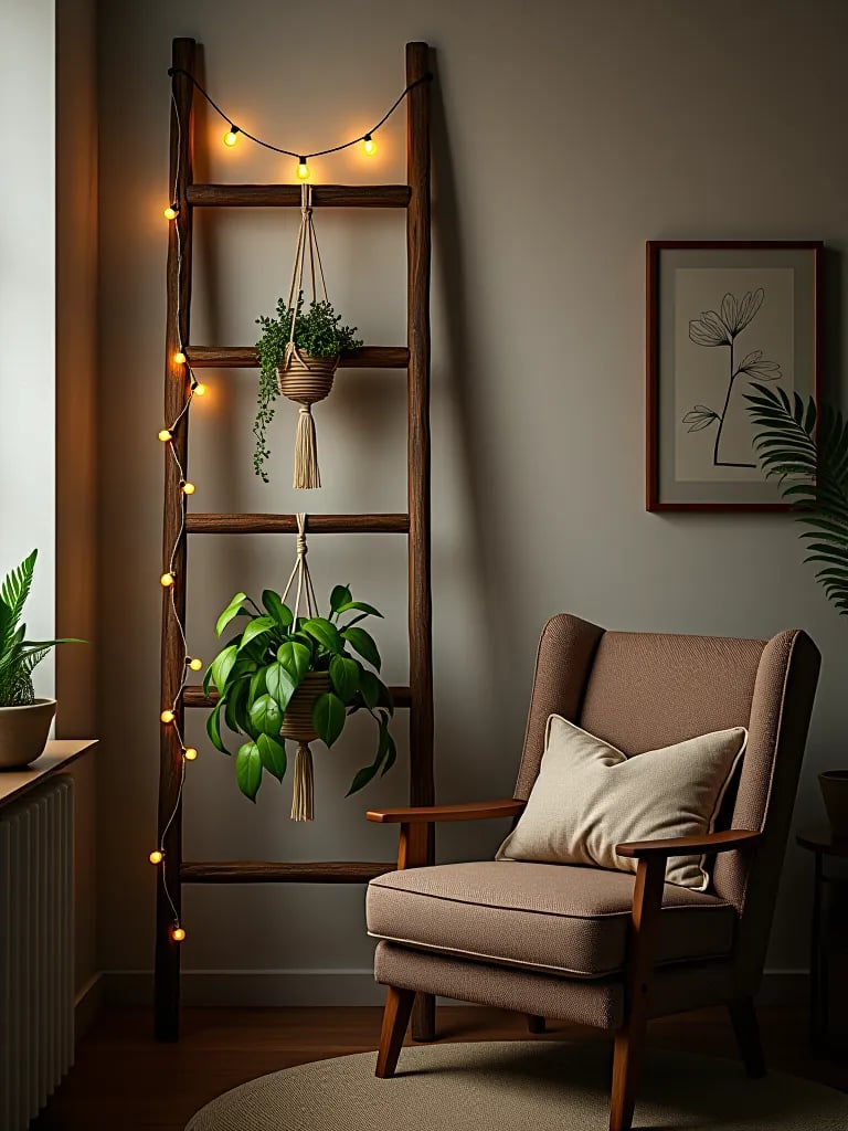 Ladder with string lights and hanging plants in bedroom