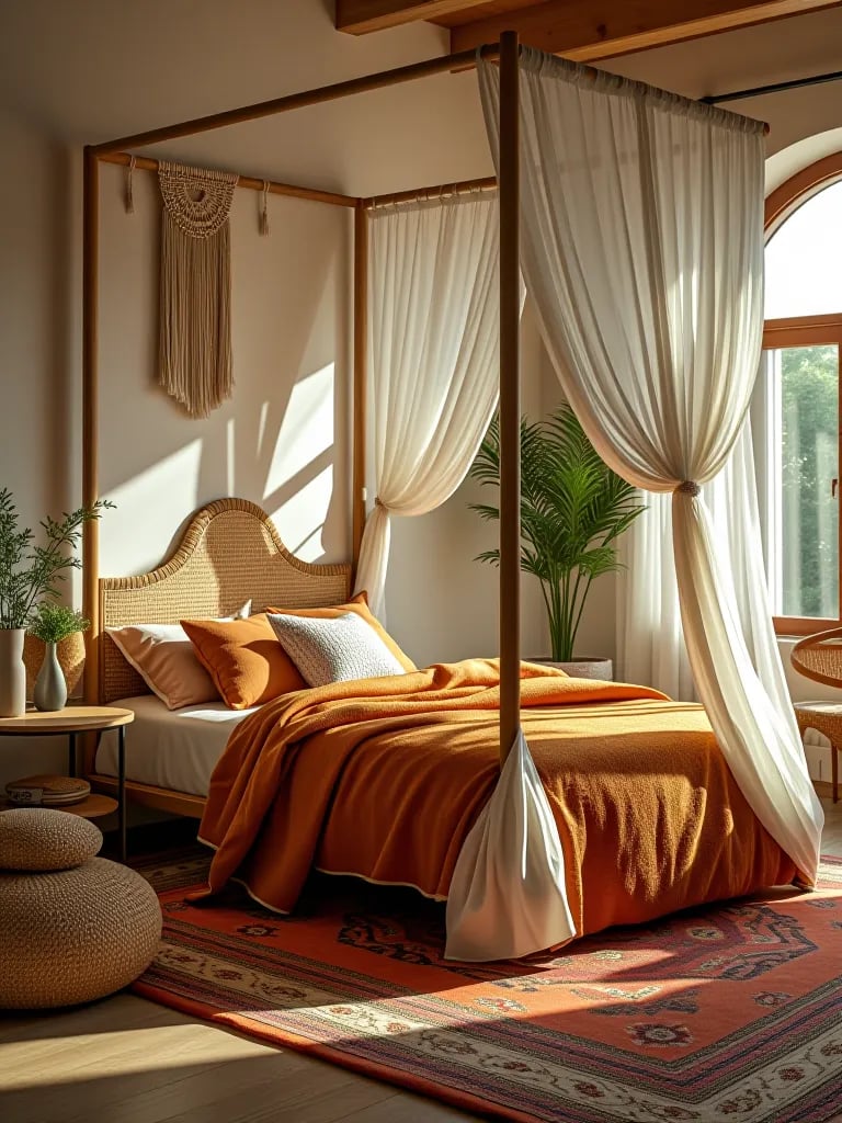 Laid back boho bedroom with earthy tones and plants