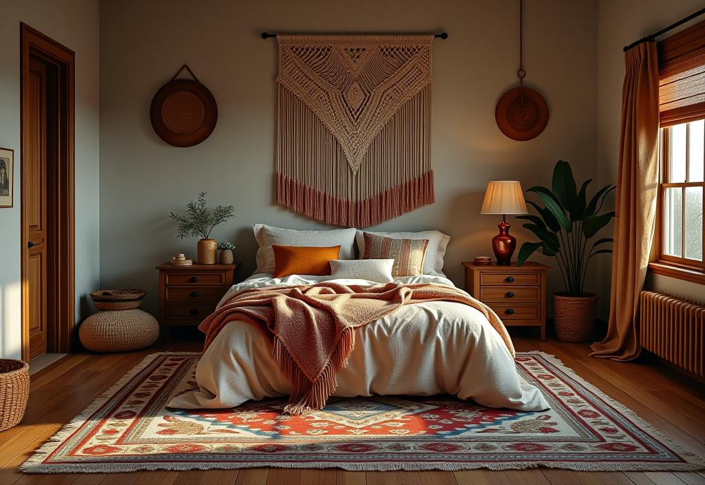 Large macramé wall hanging in a boho bedroom