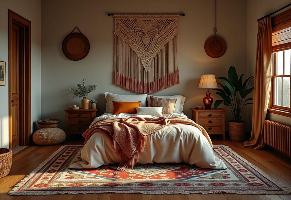Large macramé wall hanging in a boho bedroom