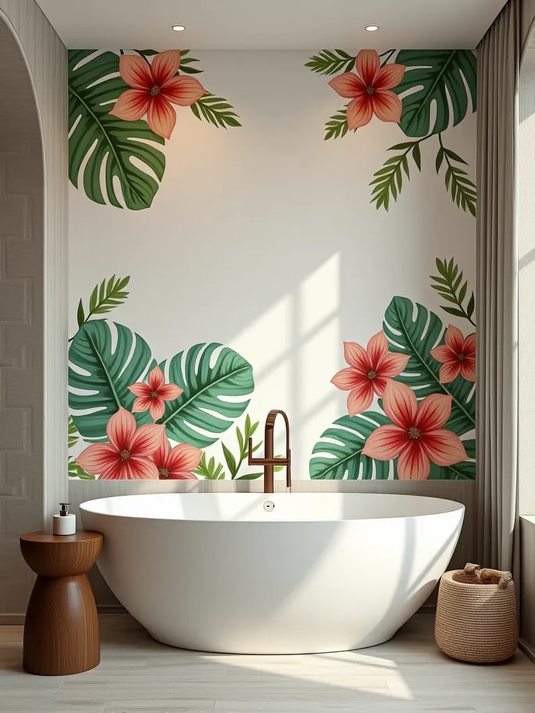 Large scale watercolor tropical mural in bathroom