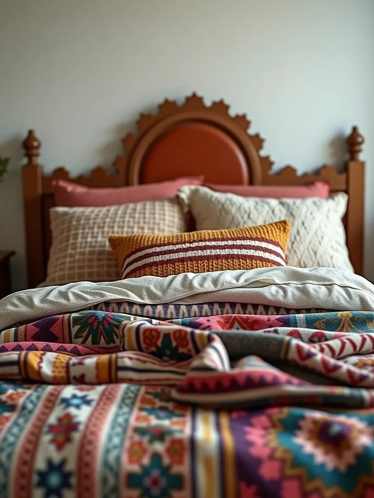 Layered boho bedding with mixed patterns