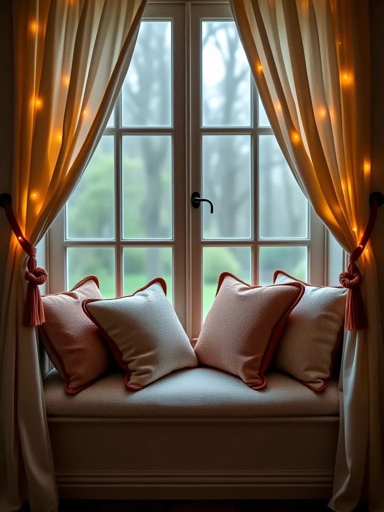 Layered textiles and lights in boho window nook