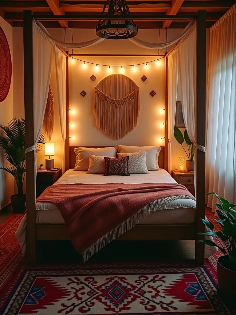 Layered textiles in a bohemian bedroom