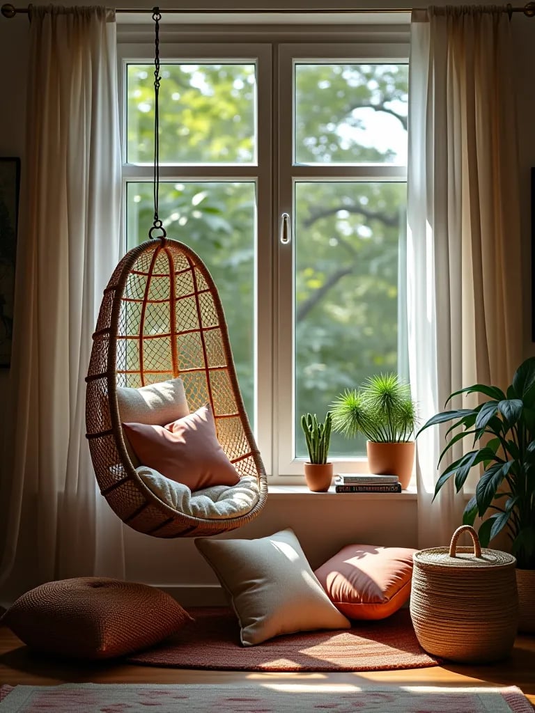 Light and airy boho window nook with sheer curtains