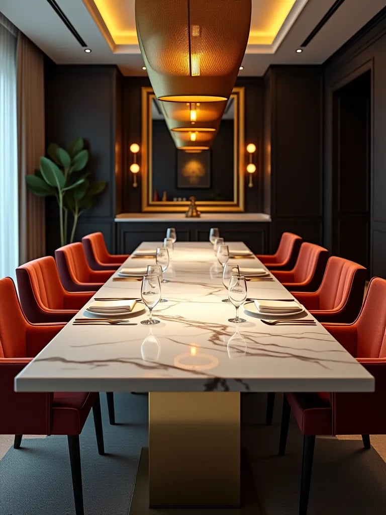 Long marble dining table with pendant lighting in luxurious room