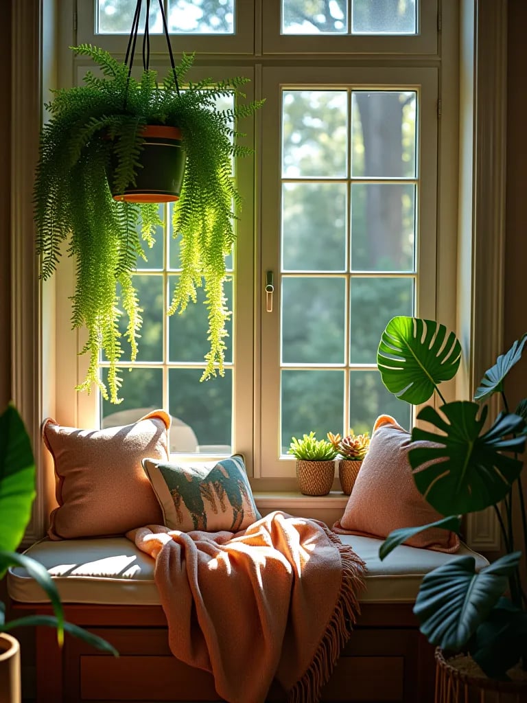 Lush boho bedroom window seat with ferns