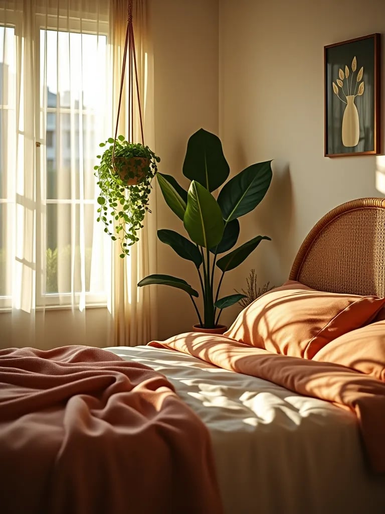 Lush boho bedroom with rattan bed and plants