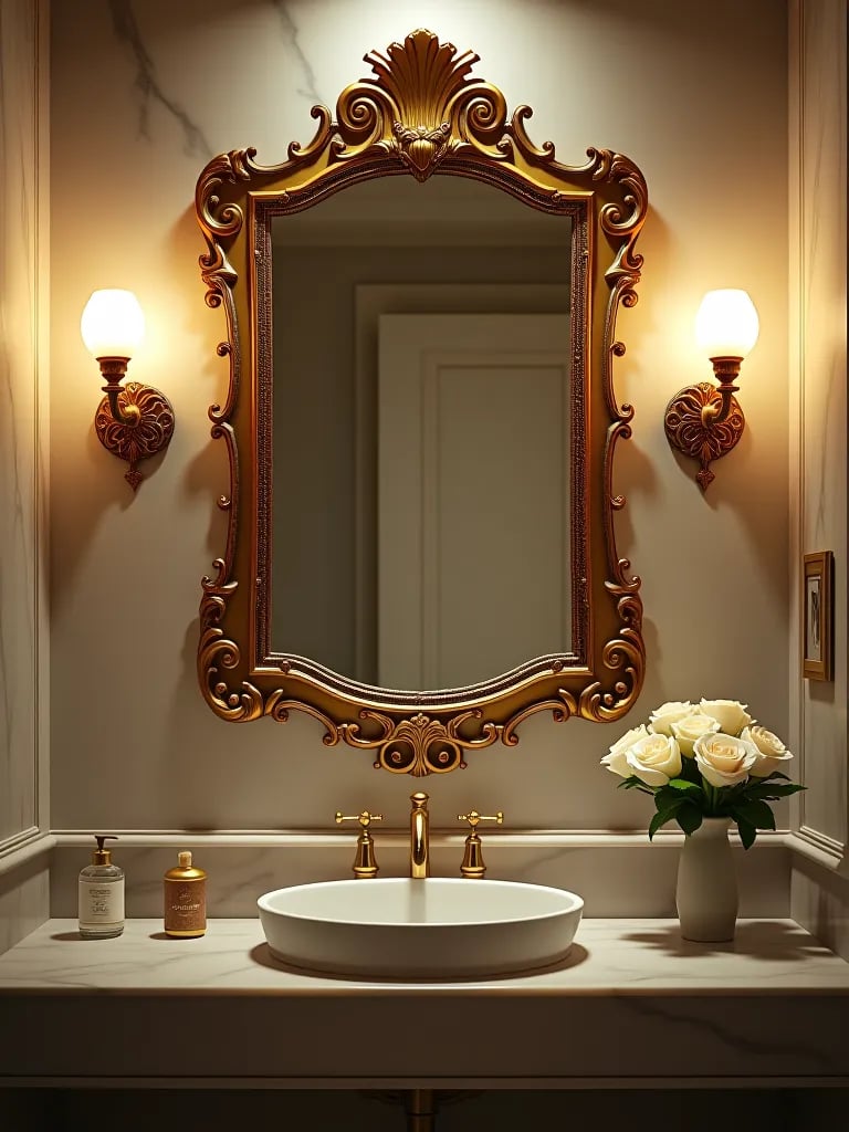 Luxurious bathroom with gold framed mirror as wall art