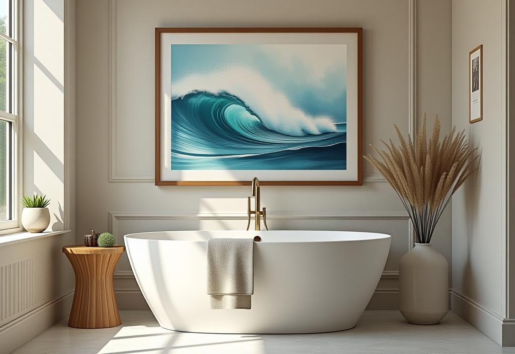 Luxurious bathroom with handmade wave painting