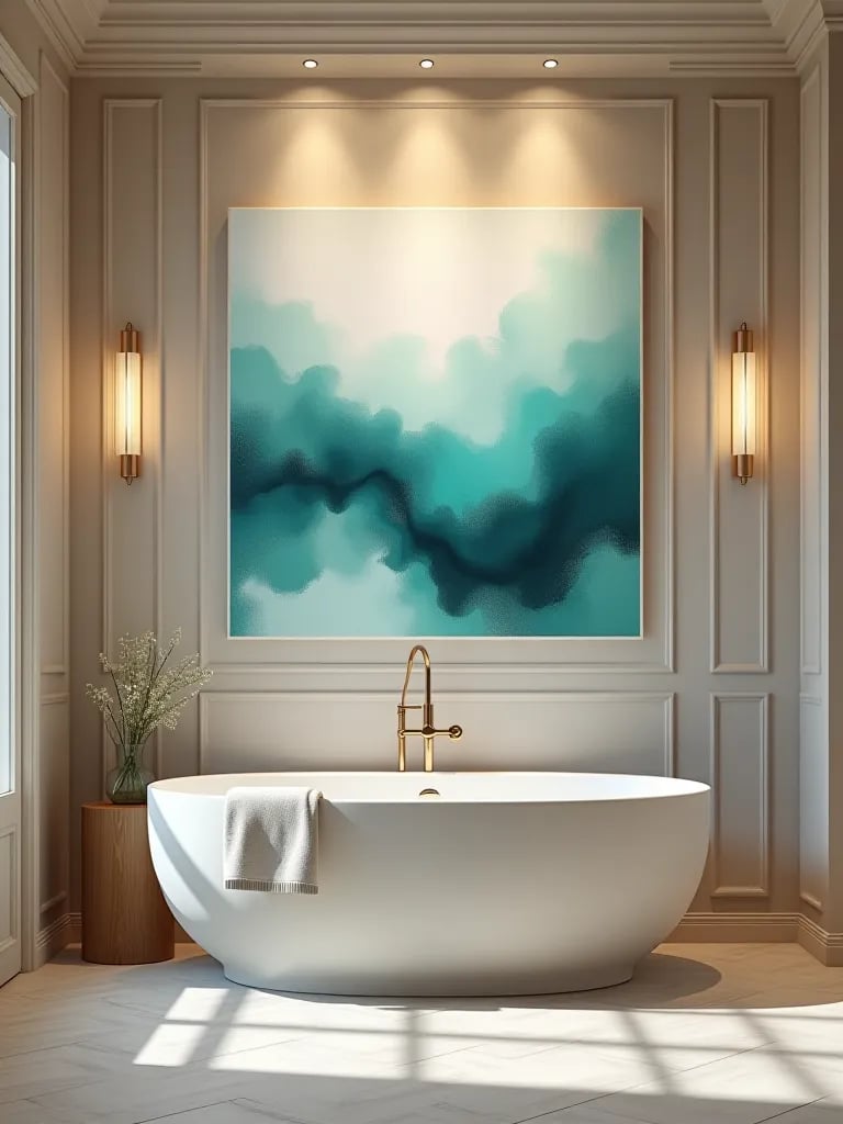Luxurious bathroom with watercolor wall art