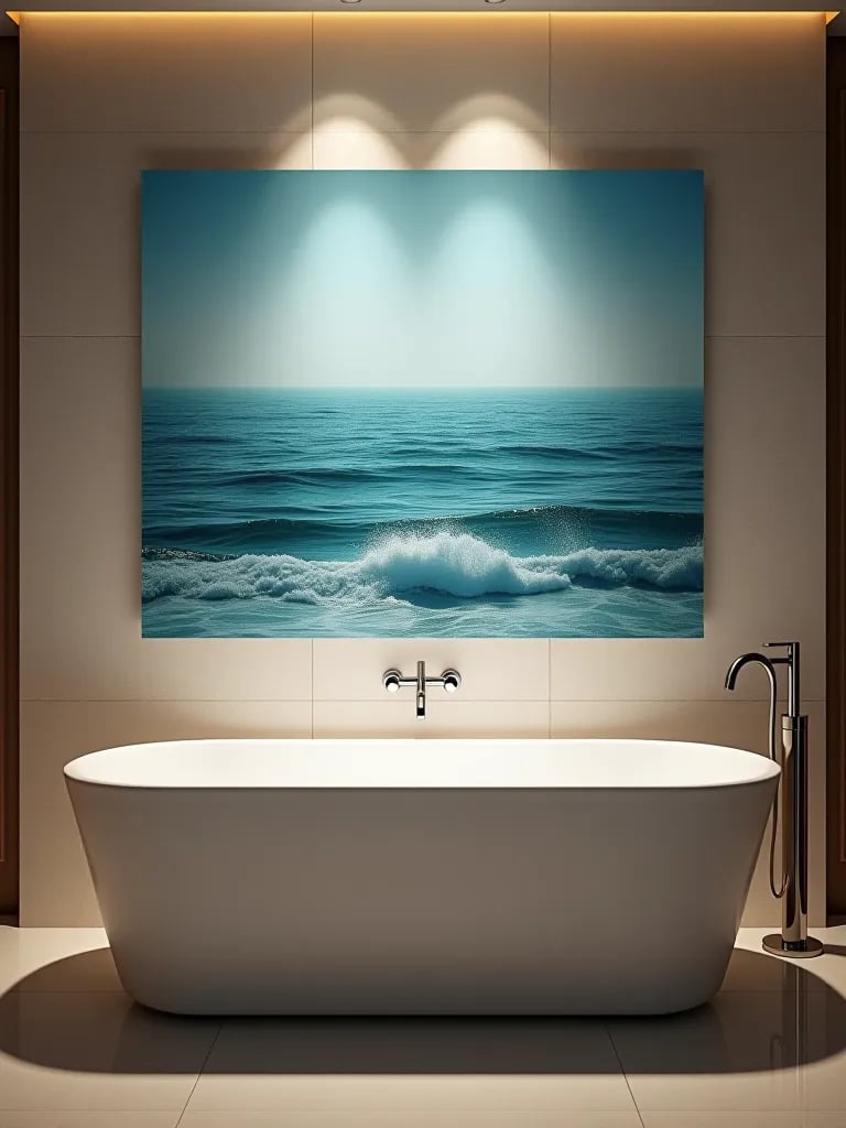 Luxurious bathroom with waterproof ocean canvas print