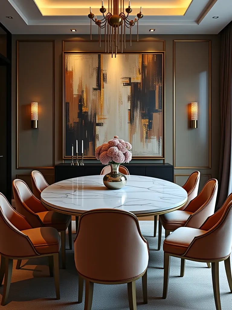 Luxurious contemporary dining room with marble table and velvet chairs