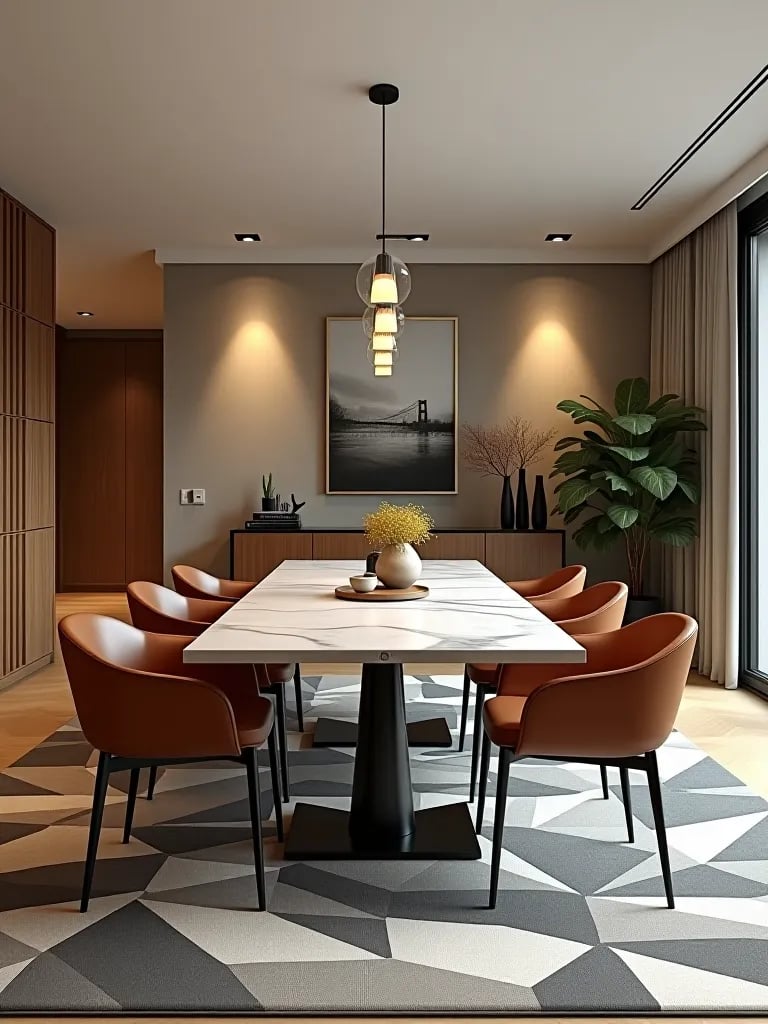 Luxurious dining room with marble table and leather chairs
