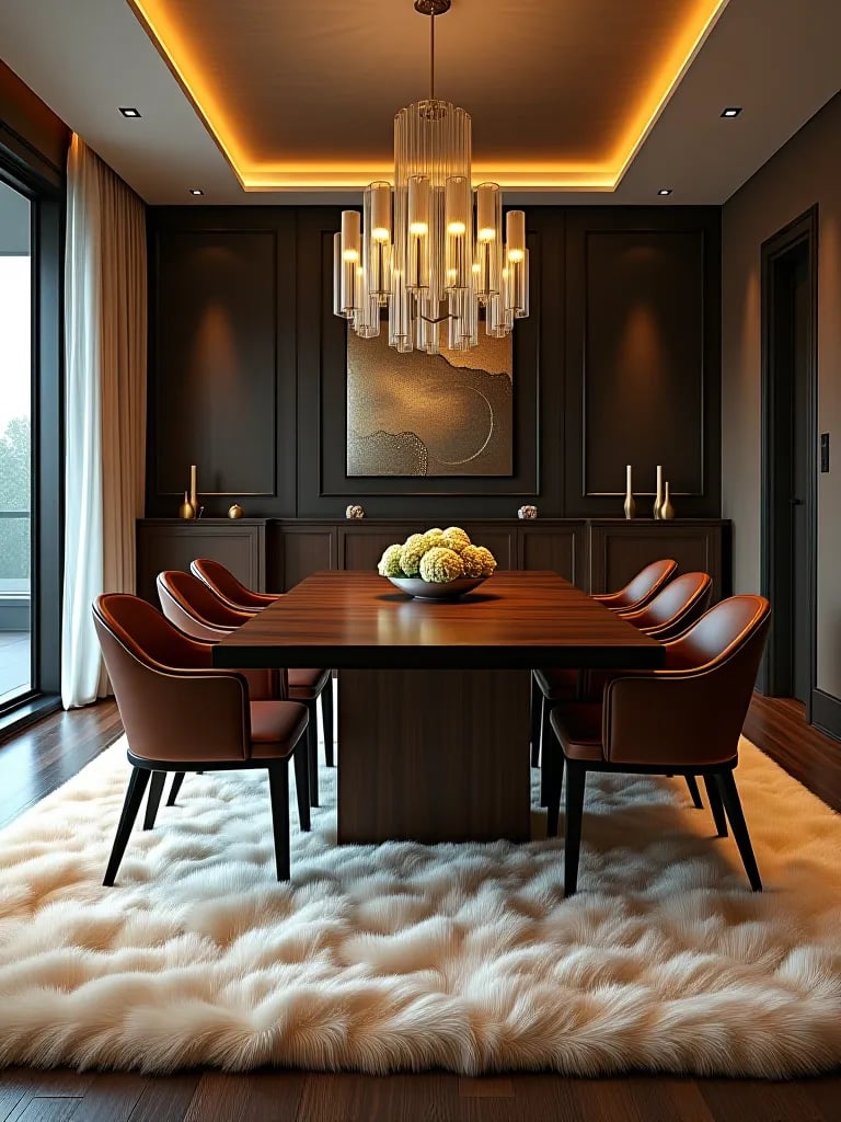 Luxurious dining room with plush cream rug and dark wood table