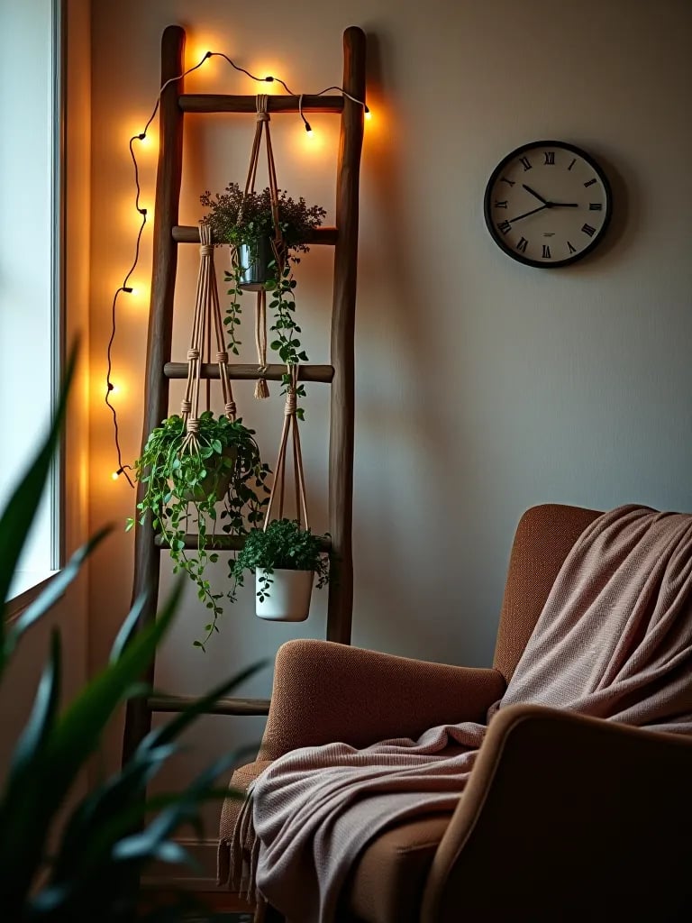 Macramé plant hangers on ladder with lights in bedroom