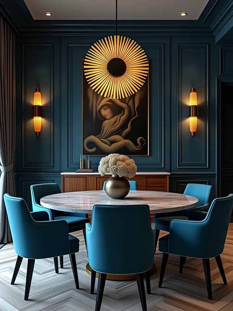 Marble dining table with statement art deco chandelier