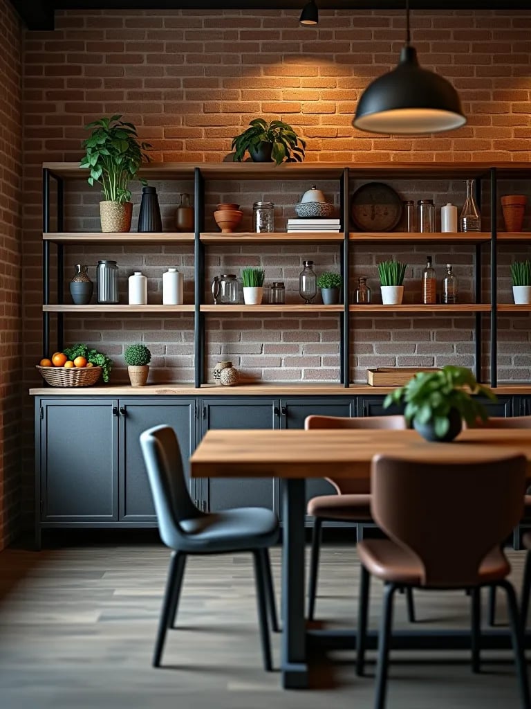 Metal and wood sideboard in industrial dining setting