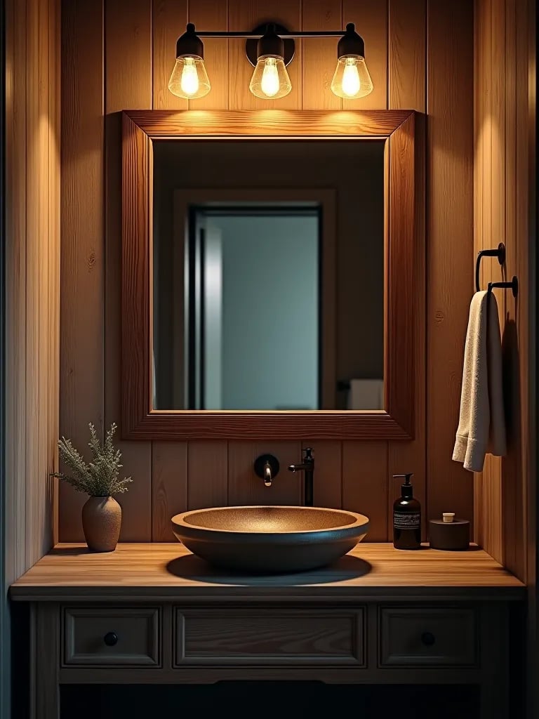 Minimalist bathroom warmed up with large rustic wood mirror