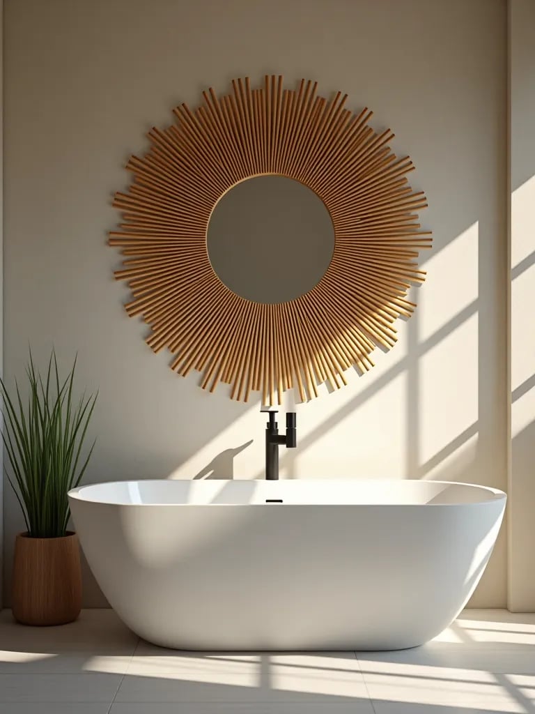 Minimalist bathroom with bamboo stick wall art